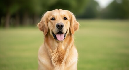 A beautiful, attentive golden-colored dog gazes directly at the viewer with a friendly, open-mouthed expression and its tongue slightly extended, conveying warmth and joy. Its rich, golden fur is high