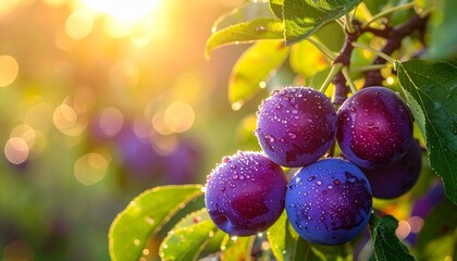 Ripe Plums on Branch in Sunlight - A Fresh Harvest.