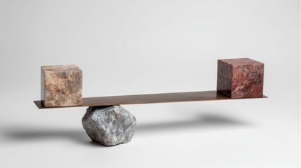 A balance scale holds two distinct cubes, one reddish with a bumpy texture and another beige with a smooth surface,
