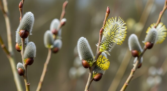 A beautiful close-up captures the delicate beauty of early spring, showcasing branches adorned with soft, fuzzy catkins. Some buds are still tightly enclosed, revealing their characteristic grey, down