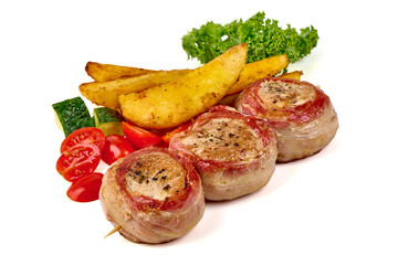 Pork Medallions Wrapped in Bacon with Fries, isolated on white background