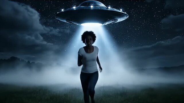 woman fleeing alien spaceship abduction beam
