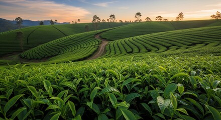 A breathtaking panoramic view captures vibrant green agricultural terraces cascading across rolling hills under a soft, golden and blue sky at dawn or dusk. The foreground features a close-up of lush,