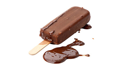 Chocolate ice cream bar melting on a white surface with spilled chocolate sauce on a transparent background