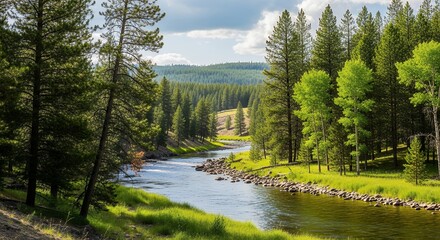 A breathtaking scenic view captures a gentle river winding gracefully through a vibrant, lush green forest under a bright, partly cloudy sky. Tall evergreen trees and dense foliage line the tranquil b