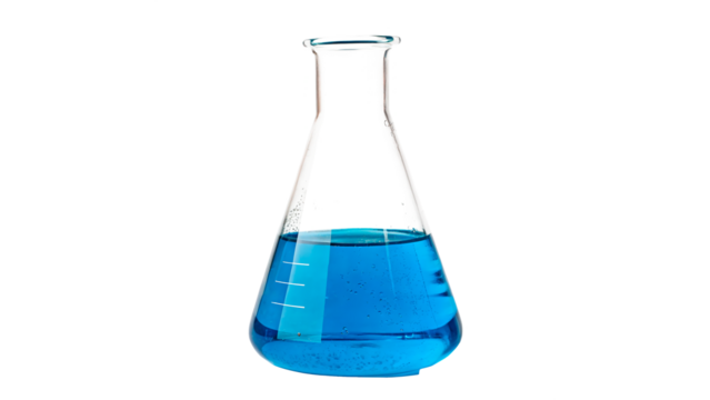 Laboratory experiment in progress with blue liquid in glass flask on a transparent background