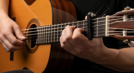 A captivating close-up highlights a person's hands skillfully engaged in playing a beautiful acoustic guitar. One hand deftly strums the strings with a pick, while the other articulately presses chord