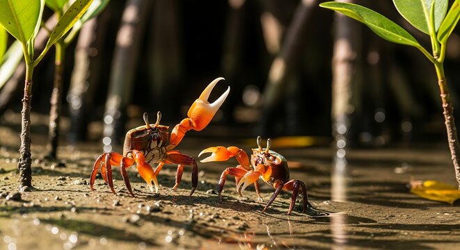 A captivating close-up captures two vibrant crabs engaged in a dynamic interaction on the muddy ground of a sun-drenched mangrove ecosystem. One crab prominently displays its large, bright orange claw