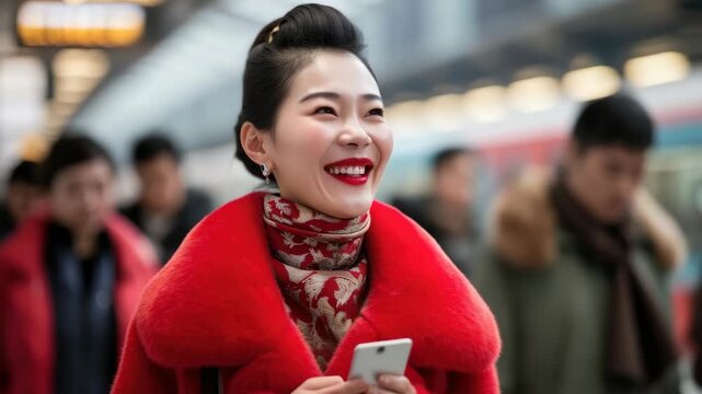 A woman in a red coat smiling broadly while looking at her phone. She is outdoors and appears to be on the move.