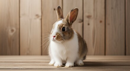 Obraz premium A charming, fluffy rabbit with soft white and brown fur sits peacefully on a natural wooden surface. Its bright, dark eyes and prominent whiskers add to its endearing appeal, captured against a warm, 
