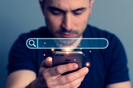 Man using smartphone for online search internet browsing mobile app social media connection concept