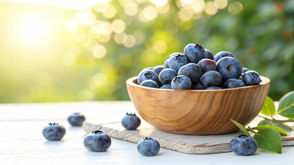 Blueberries in bowl on white surface in natural warm sunlight background
