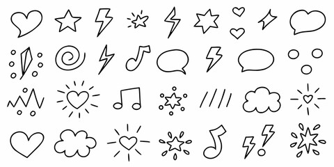 Naklejka premium Collection of hand drawn doodle icons featuring hearts stars lightning bolts music notes clouds and speech bubbles
