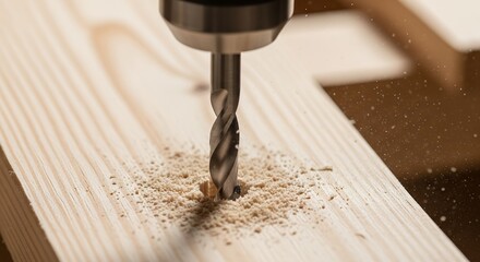 A close-up shot vividly portrays a sharp metal drill bit meticulously boring into a light-toned wooden plank, creating a dynamic shower of fine sawdust. The focused action emphasizes the process of co