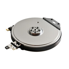Hard disk drive spinning disk viewed from a top angle showing internal components in detail