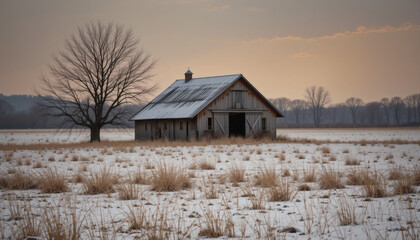 A quiet countryside barn in the middle of a frozen field
