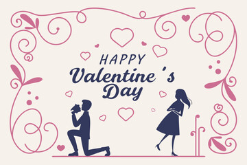 “Happy Valentine’s Day” centered typography with minimalist love icons, modern flat vector card.
