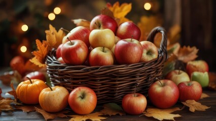 Autumn harvest still life with a rustic wicker basket of fresh apples.