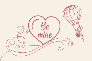 Elegant continuous line art heart with Valentine message, simple romantic vector for card use.
