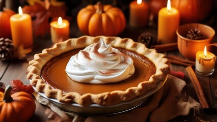 Festive Thanksgiving Pumpkin Pie with Whipped Cream and Candles.