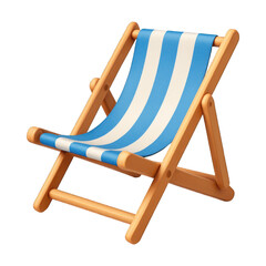 3D render of a wooden deck chair with vibrant blue and white striped fabric