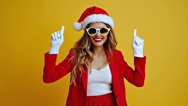 A woman in a red suit and a santa hat and sunglasses