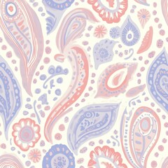 A colorful paisley pattern with pink and blue flowers. The flowers are painted in a way that they look like they are blooming. Scene is cheerful and vibrant