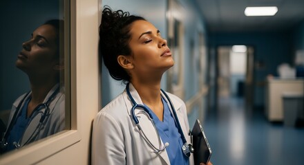A healthcare professional, in a lab coat and stethoscope, pauses in a quiet hallway. With closed eyes, they reflect on work, conveying exhaustion and resilience needed in healthcare.