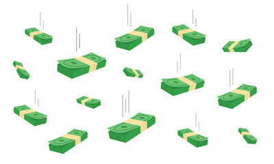 Vector illustration of flying and falling money. Flat paper dollar bills isolated on a white background. Concept of wealth, success, and finance.