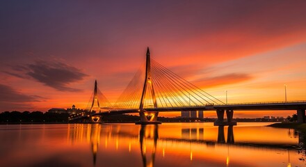 Obraz premium A magnificent modern cable-stayed bridge stands illuminated against a breathtaking twilight sky, showcasing a vibrant spectrum of colors from deep purple to fiery orange and golden red. The elegant ar