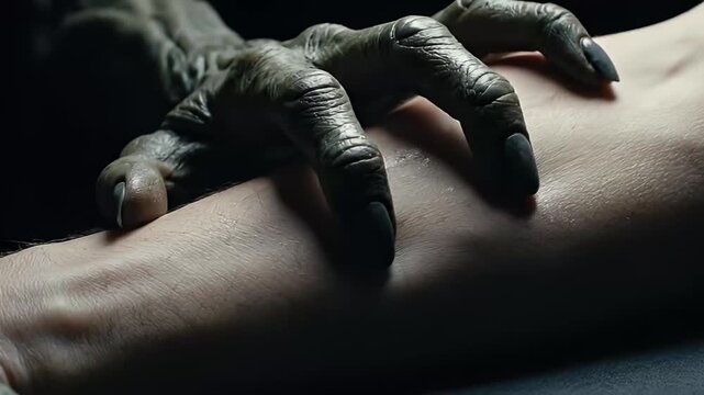 terrifying alien hand grips human arm