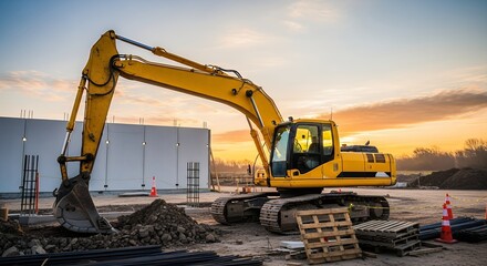 A powerful yellow hydraulic excavator stands prominently on a construction site, its large bucket resting on a pile of excavated earth. The scene is bathed in the warm, atmospheric glow of either a su