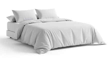 A pristine, elegantly made bed featuring crisp, clean white bedding, including a plump duvet and two soft pillows, creates an inviting and serene atmosphere. Expertly isolated against a pure white bac