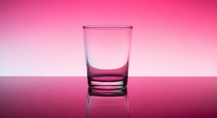 A pristine, empty glass tumbler stands gracefully centered on a glossy, reflective surface, illuminated by a stunning gradient backdrop. The vibrant colors transition smoothly from a soft pink to a ri