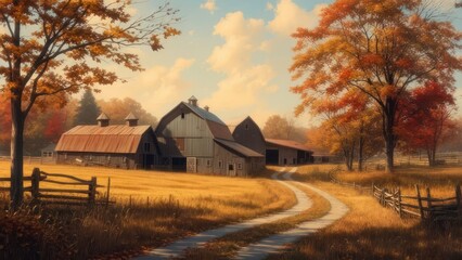 Autumn Farm Landscape with Barns and Colorful Trees.