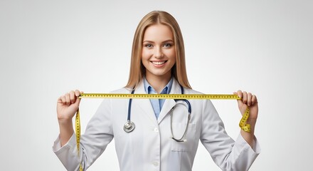 A radiant and approachable healthcare professional, characterized by her warm smile and confident gaze, stands against a pristine white studio background. She is neatly dressed in a traditional white 