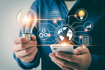 Artificial intelligence ai technology concept with light bulb and smartphone connections network ideas