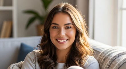 A radiant young woman with flowing brown hair and a genuine, heartwarming smile looks directly at the camera, exuding happiness and confidence. Soft, natural light illuminates her expressive eyes and 