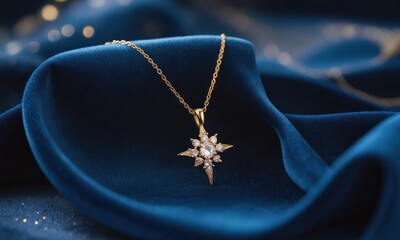 Gleaming gold necklace with a starburst pendant resting on rich blue velvet cloth