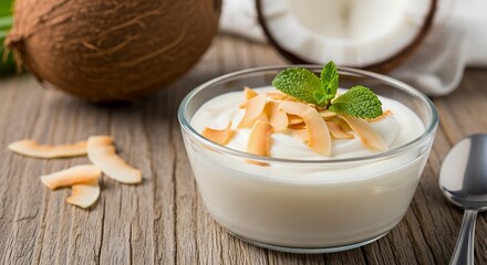 A refreshing and wholesome bowl of creamy white yogurt is beautifully presented, generously topped with golden, toasted coconut flakes and a vibrant sprig of fresh mint. This appetizing dessert or bre