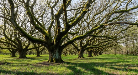 Obraz premium A serene and captivating view of a majestic grove, where a long alley of mature, deciduous trees stretches into the distance. Their ancient, gnarled branches are beautifully adorned with thick, vibran