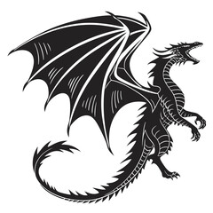 Majestic black silhouette dragon with large wings spread wide in a dynamic pose roaring with sharp teeth and claws displayed