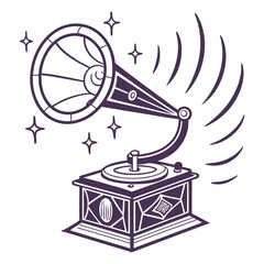 Vintage gramophone with a large horn emitting sound waves and sparkling stars representing music and nostalgia in a stylized line art illustration