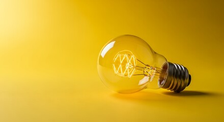 A single, classic incandescent light bulb is prominently displayed on a vibrant, illuminating yellow background. The bulb's intricate filament glows warmly, showcasing its internal design and casting 
