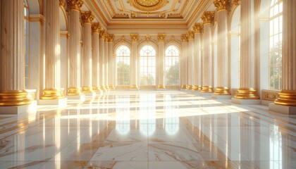 Obraz premium Grand Hallway with Golden Pillars and Sunlight.