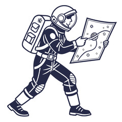 Astronaut explorer in a spacesuit walking and pointing at a star map with planets and constellations in the vastness of outer space