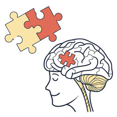 Conceptual illustration of a human head profile with a stylized brain and puzzle pieces representing thought process memory and mental connection