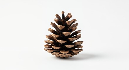 A single, perfectly formed pinecone stands prominently on a pristine white background, captured with crisp detail. Its intricate, textured scales display warm brown hues, emphasizing the organic beaut