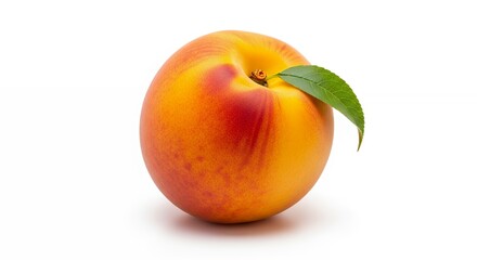 A single, perfectly ripe nectarine stands out against a pristine white background. Its smooth skin displays a beautiful gradient of sun-kissed yellow, vibrant orange, and rich red tones, hinting at it