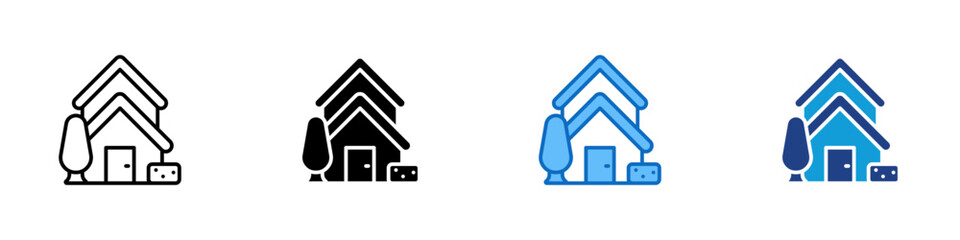 Two Storey House Multiple Style Icon Design Vector - modern two storey house with a tree and a small flower bush, representing suburban living or residential property